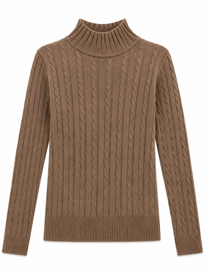 Coffee cable knit mock turtleneck sweater for toddlers, kids and preteens.