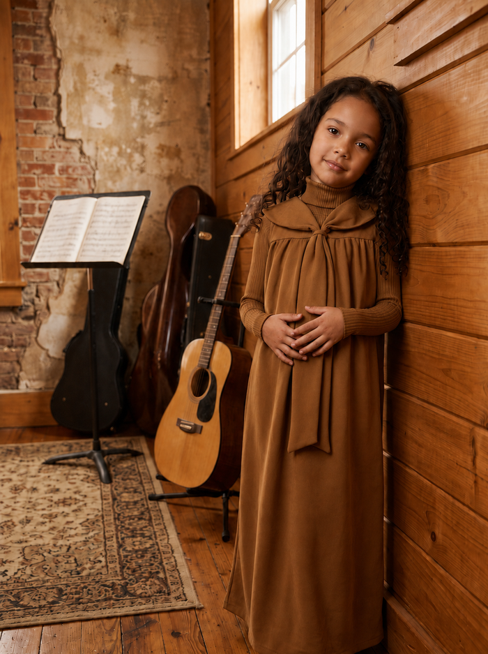 Kids' coffee suede sleeveless maxi dress with sailor collar sash.
