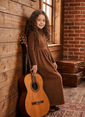Brown suede maxi dress with long sleeves and gathered waist