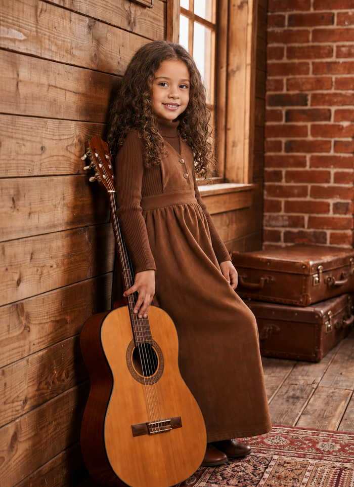 Brown suede maxi dress with long sleeves and gathered waist