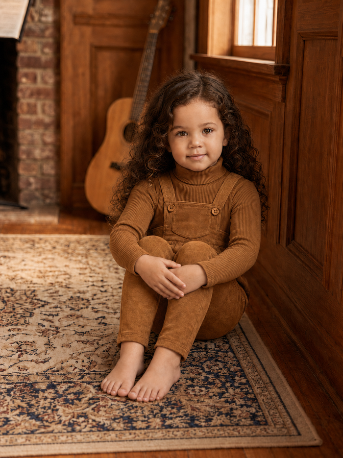 Coffee suede suspender romper with adjustable buttons.