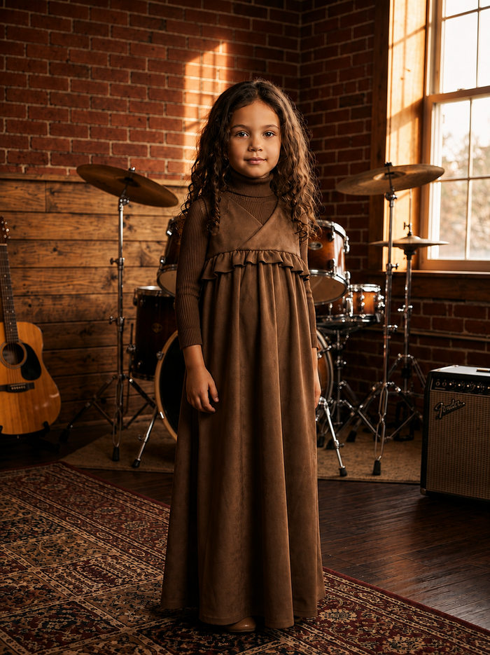 Kids' sleeveless coffee suede maxi dress with crossover bodice and ruffled waist.