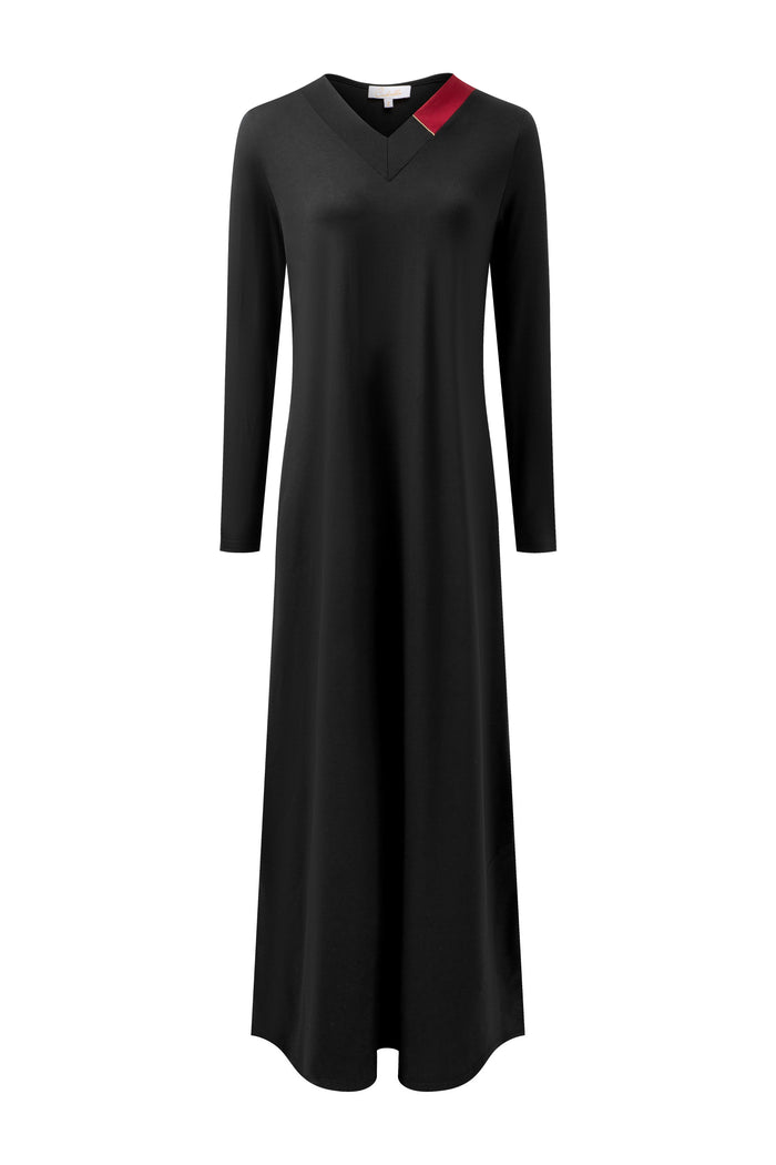 Black v-neck long-sleeve nightgown with color-block trim at collar