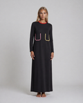 Black long sleeve pull on nightgown sleepwear with pockets and multi colored trim.
