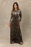 Long sleeve copper crushed velvet tie neck maxi dress.