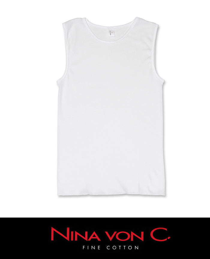 White cotton knit sleeveless tank top undershirt with crew neckline