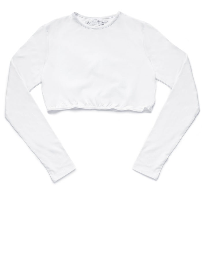 Long sleeve crew neck half-shell top, white cotton-modal blend