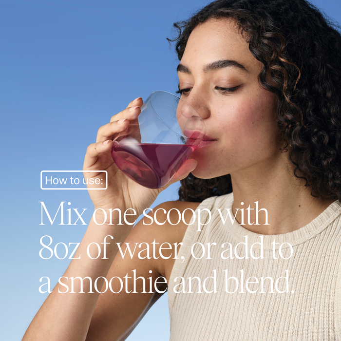 Woman drinking creatine from a glass with text on how to use a product