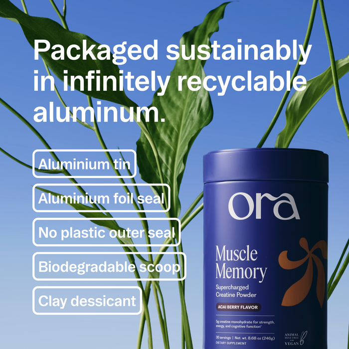 Ora Muscle Memory supplement container with sustainability features text on a blue background with leaves.