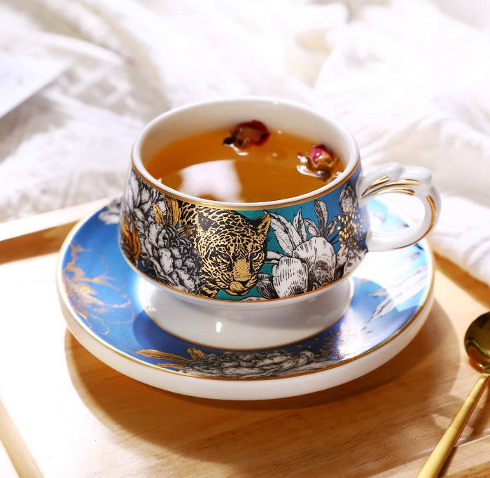 Creative Ceramic Tea Cup and Saucer, Jungle Tiger Cheetah Porcelain Coffee Cups, Unique Ceramic Cups with Gold Trim and Gift Box-Paintingforhome