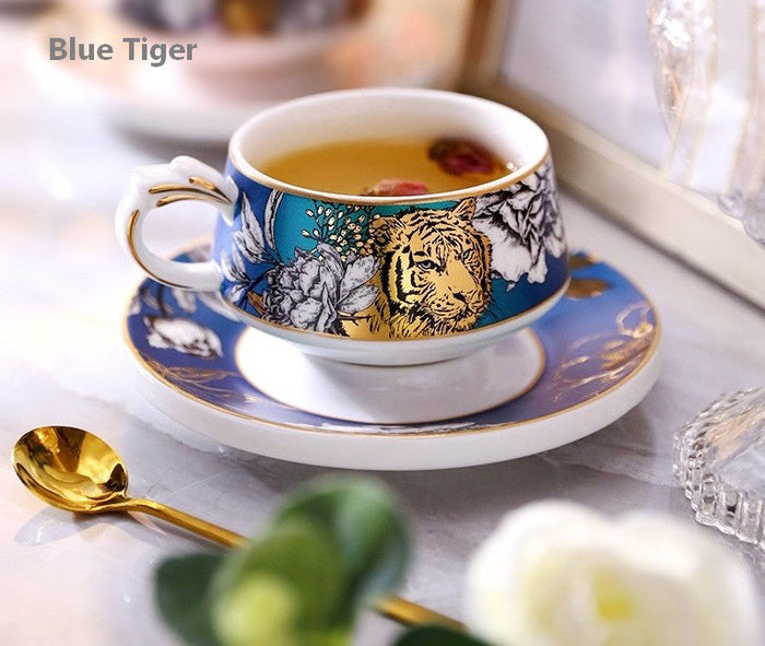 Creative Ceramic Tea Cup and Saucer, Jungle Tiger Cheetah Porcelain Coffee Cups, Unique Ceramic Cups with Gold Trim and Gift Box-Paintingforhome