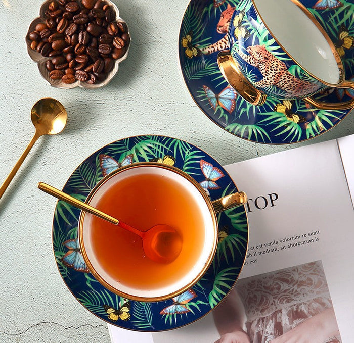 Creative Leopard Ceramic Coffee Cups, 6.8 oz Tea Cup and Saucer in Gift Box as Birthday Gift, Beautiful British Tea Cups, Creative Porcelain Tea Cup Set-Paintingforhome