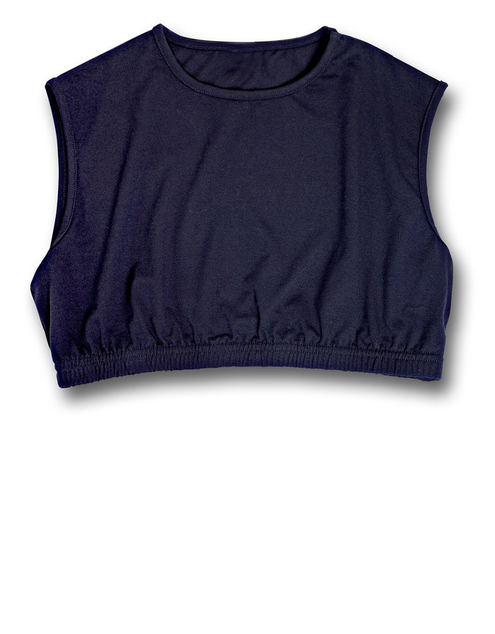 Navy crew-neck sleeveless half-shell top with ribbed neckline and elastic hem