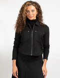Black cropped zip-front long sleeve shirt jacket with chest pockets