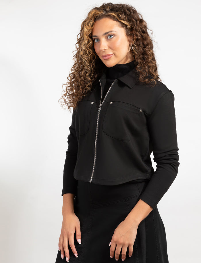 Black cropped zip-front long sleeve shirt jacket with chest pockets, side view