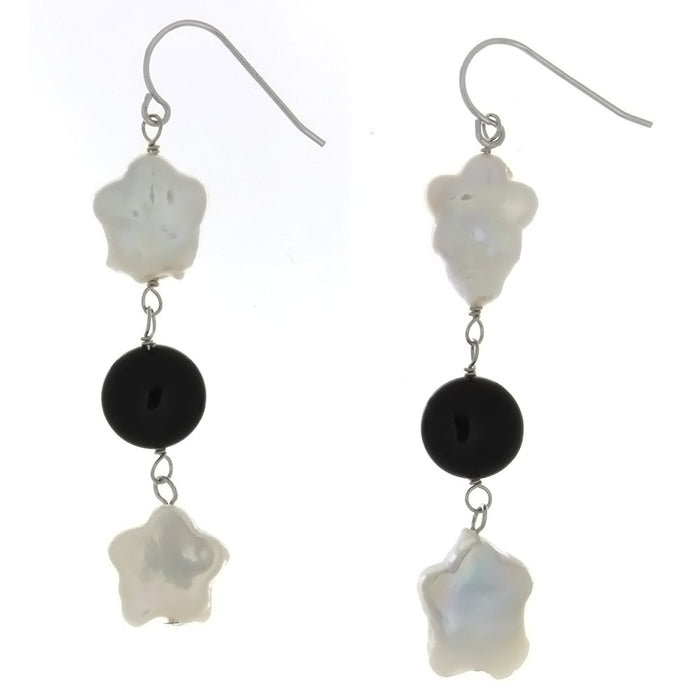 DANGLE FRESHWATER PEARL & BLACK ONYX SS EARRINGS