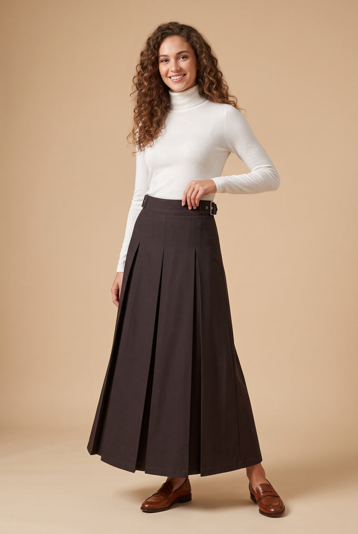 Belted pleated maxi skirt in dark brown, full-length with waistband and pleats