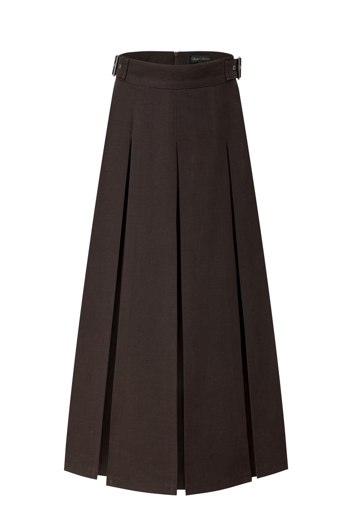 Dark brown belted pleated maxi skirt, center-front pleats and wide waistband