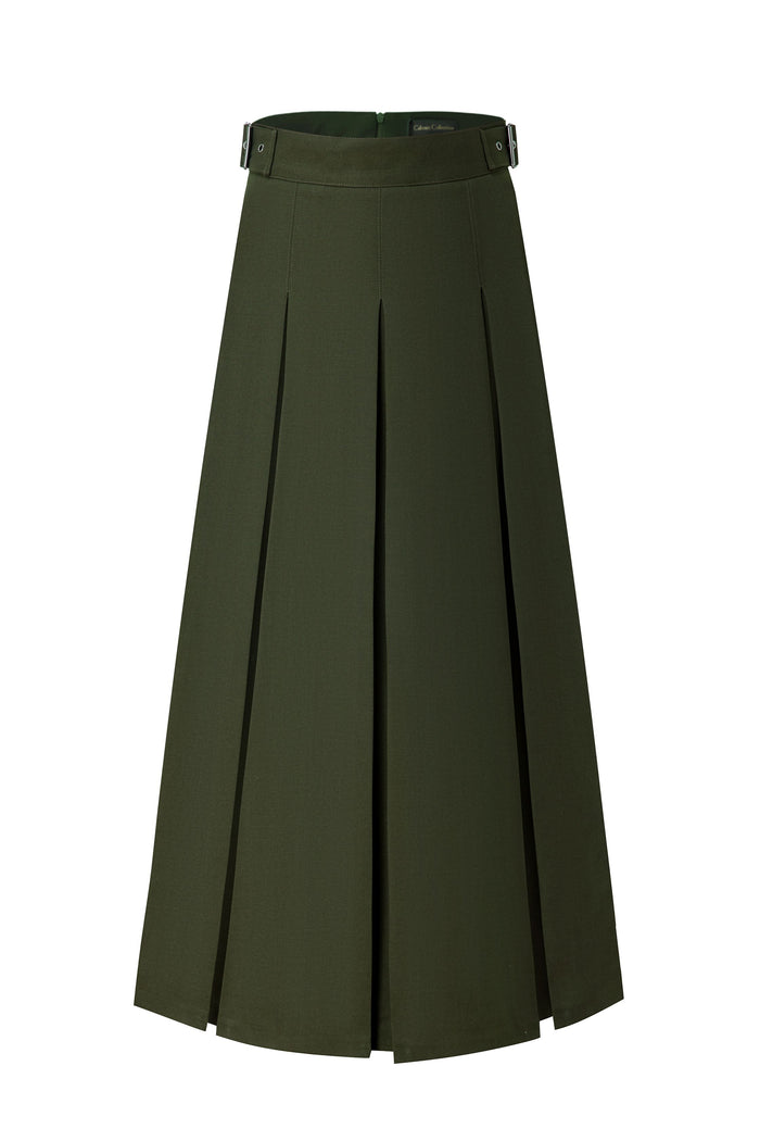 Dark green belted pleated maxi skirt with wide waistband and front pleat panels