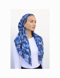 Deep blue floral pre-tied headscarf with draped side and secure fit