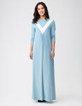 Soft blue deep V color block nightgown, maxi length, white V panel, 3/4 sleeves