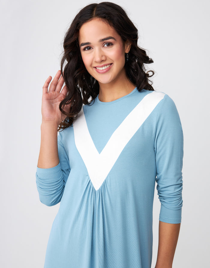 Soft blue deep V color block nightgown with white V panel and 3/4 sleeves