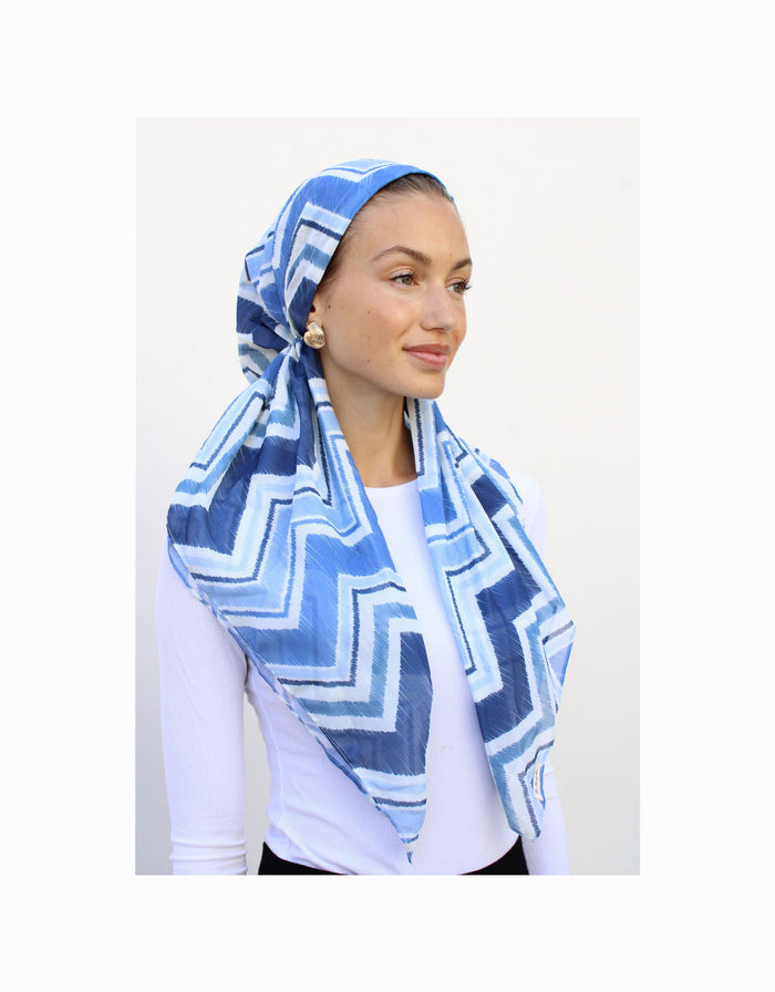 Blue denim-style chevron pre-tied headscarf with white zigzag pattern