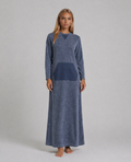 Blue denim wash long sleeve pull on nightgown sleepwear with kangaroo pocket.