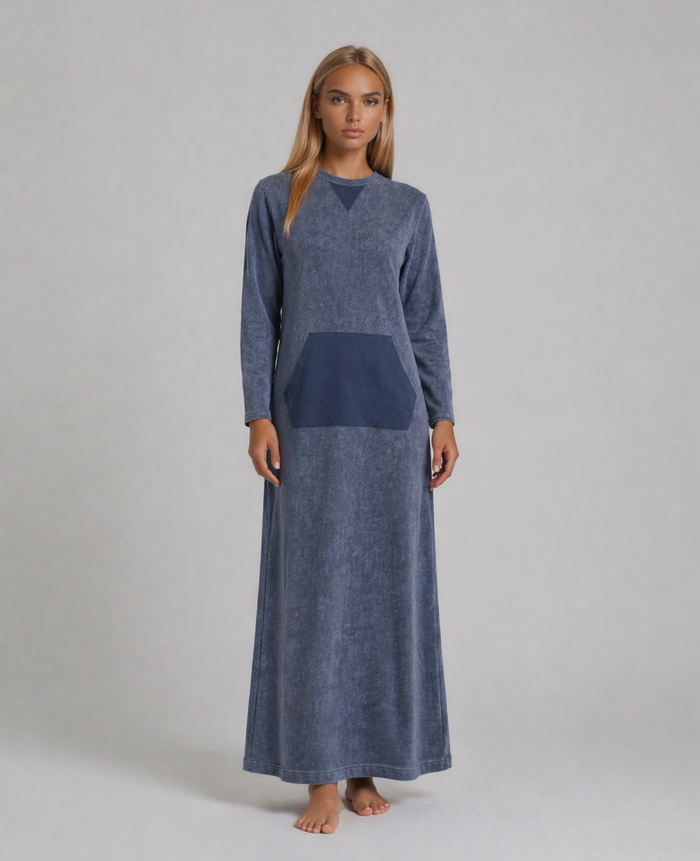 Blue denim wash long sleeve pull on nightgown sleepwear with kangaroo pocket.