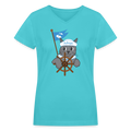 Door County Sailor Cat Contoured V-Neck T-Shirt - aqua