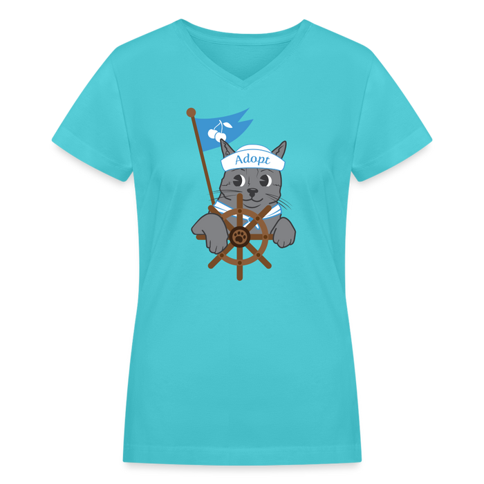 Door County Sailor Cat Contoured V-Neck T-Shirt - aqua