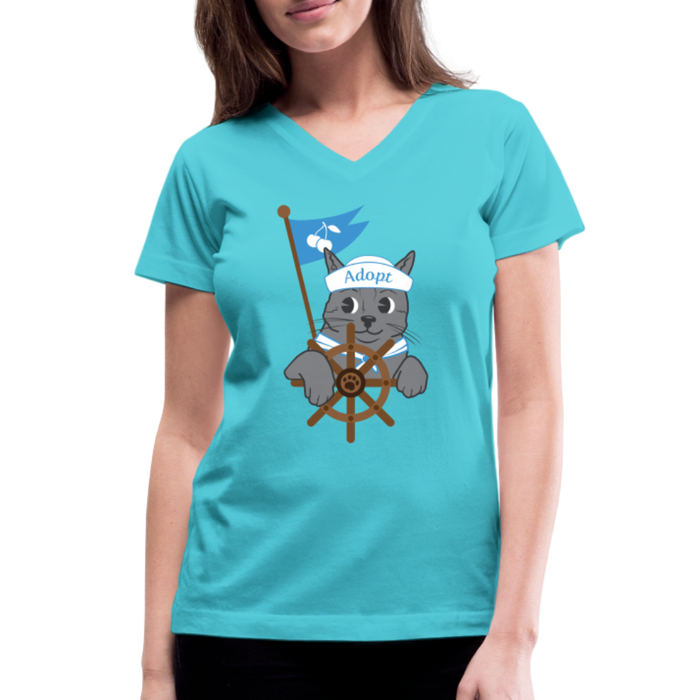 Door County Sailor Cat Contoured V-Neck T-Shirt - aqua