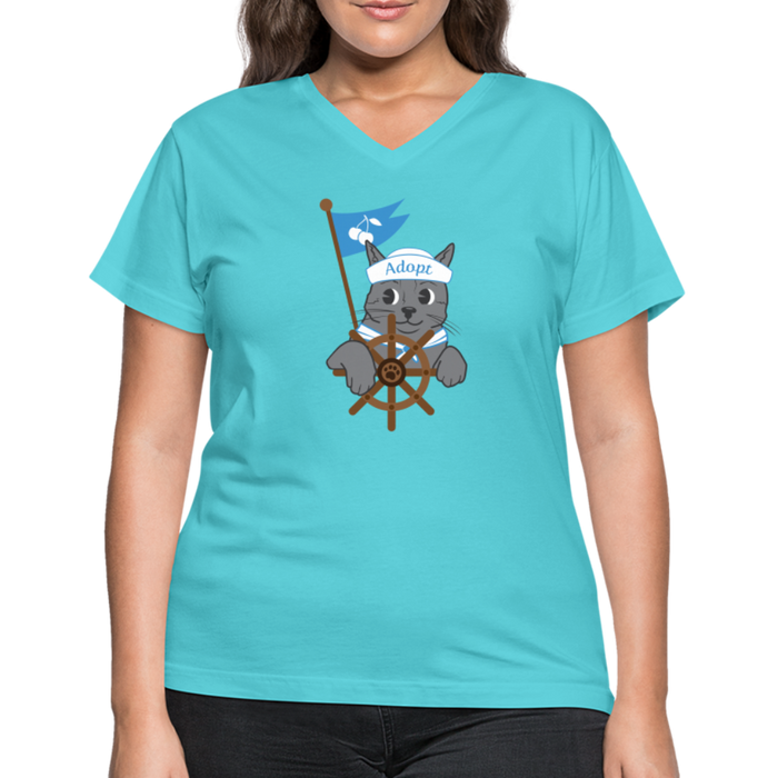 Door County Sailor Cat Contoured V-Neck T-Shirt - aqua