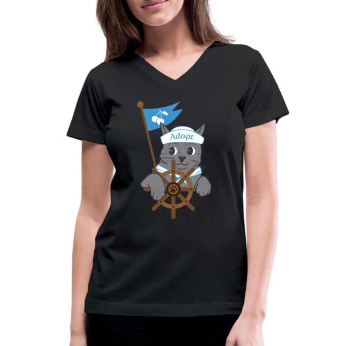 Door County Sailor Cat Contoured V-Neck T-Shirt - black