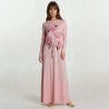 Dusty pink floral nightgown with long sleeves and ankle-length skirt