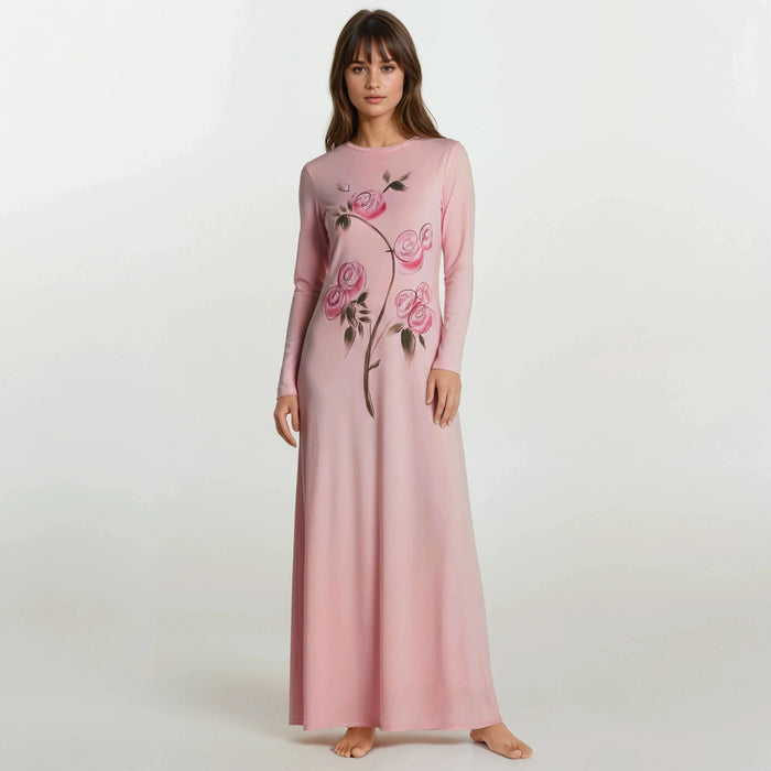 Dusty pink floral nightgown with long sleeves and ankle-length skirt