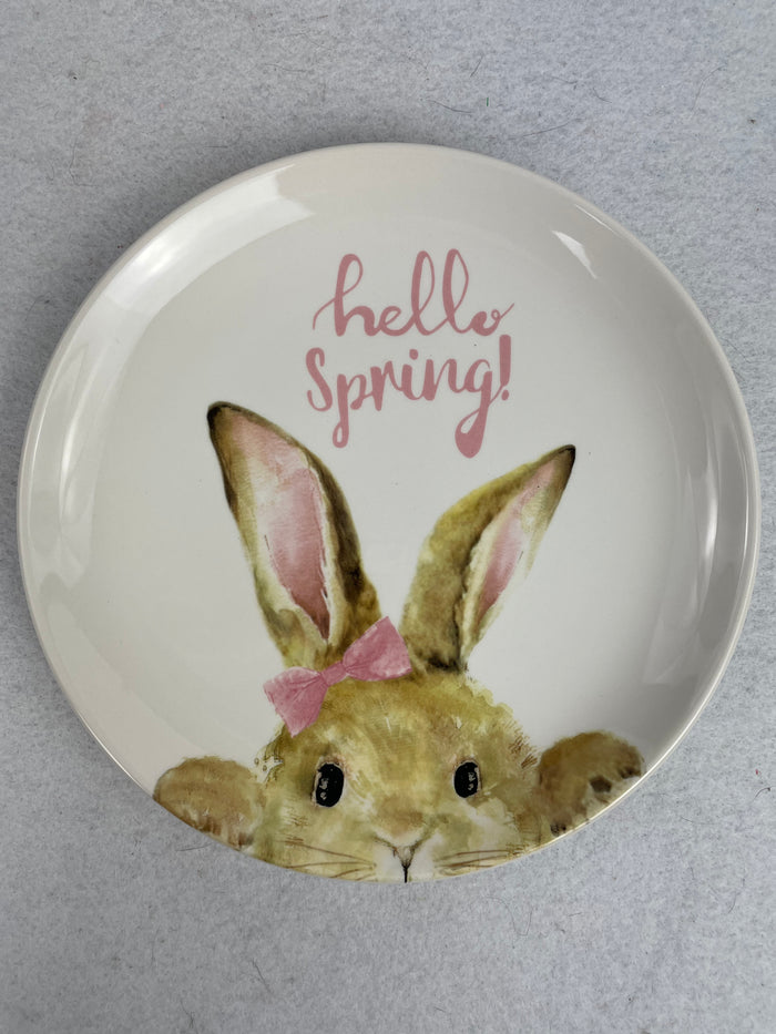 Easter Hello Spring or Happy Easter Small Bunny Fine Ceramic Plate