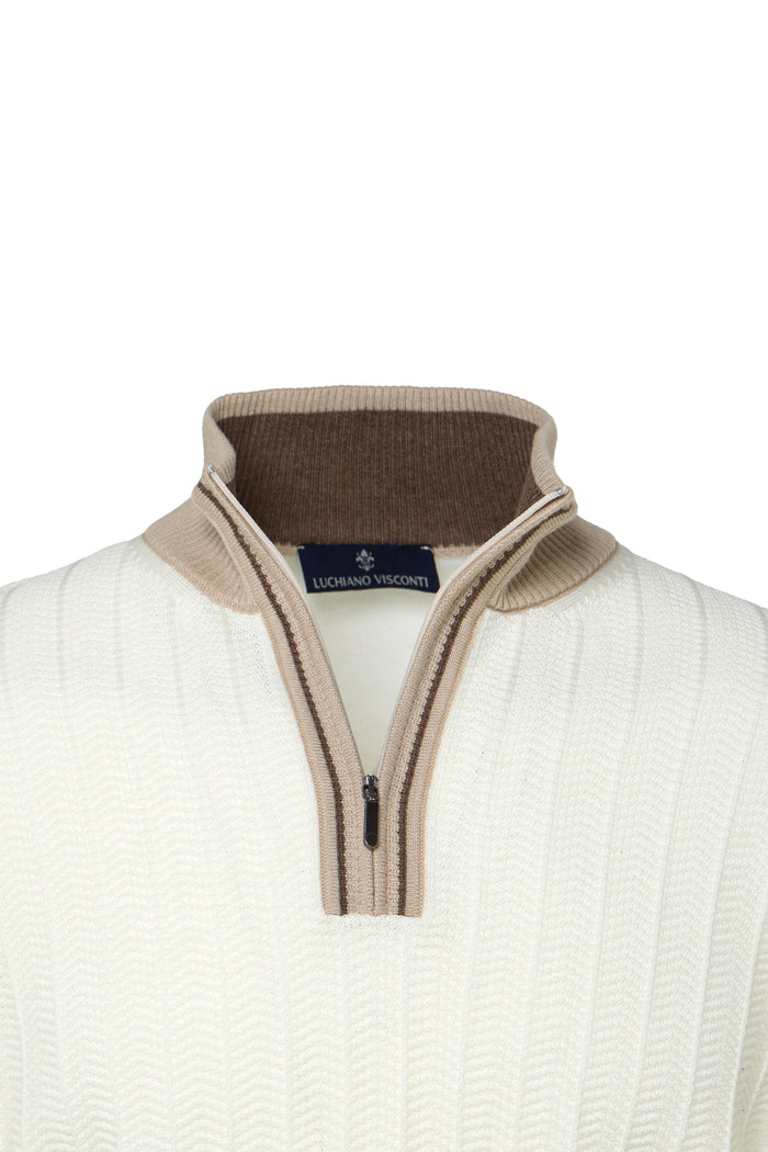 Ecru Quarter Zip Chevron Sweater