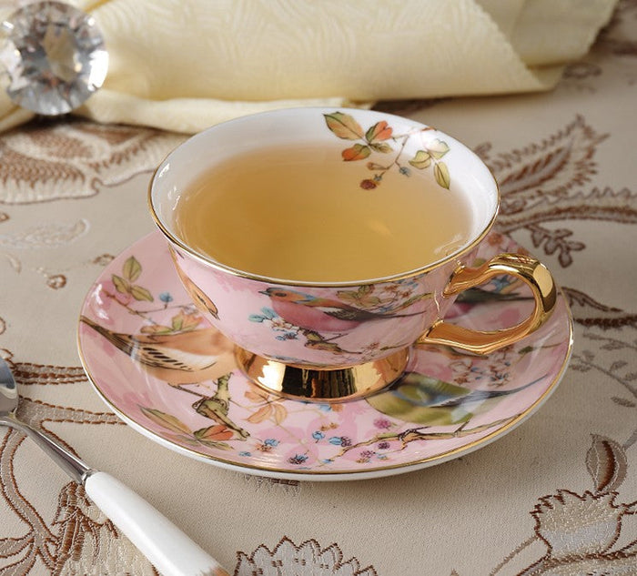 Elegant Ceramic Coffee Cups, 7.4 oz British Tea Cups, Bird Porcelain Tea Cup Saucer Set, Tea Cup and Saucer in Gift Box as Birthday Gift-Paintingforhome