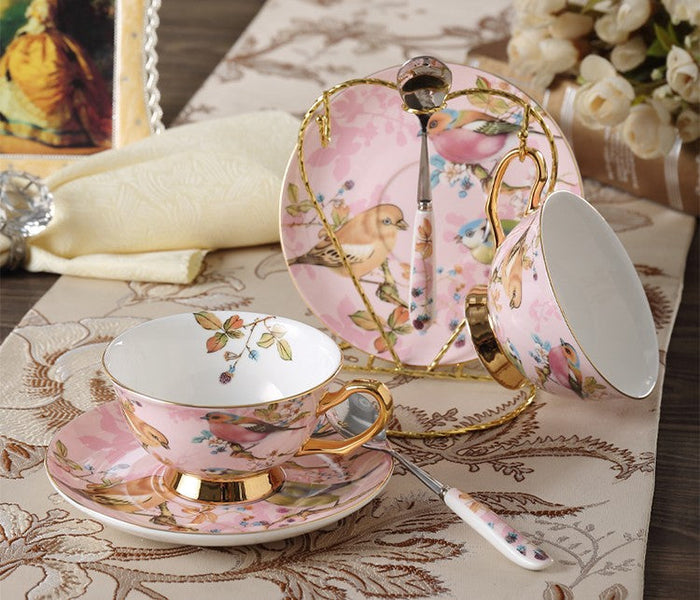 Elegant Ceramic Coffee Cups, 7.4 oz British Tea Cups, Bird Porcelain Tea Cup Saucer Set, Tea Cup and Saucer in Gift Box as Birthday Gift-Paintingforhome