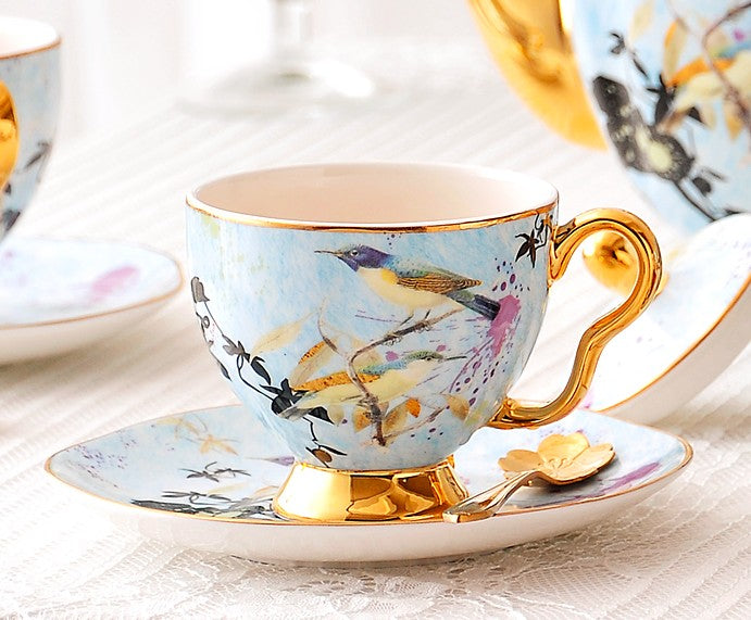 Elegant Ceramic Coffee Cups, Unique Bird Flower Tea Cup and Saucer in Gift Box as Birthday Gift, Beautiful British Tea Cups, Royal Porcelain Tea Cup Set-Paintingforhome