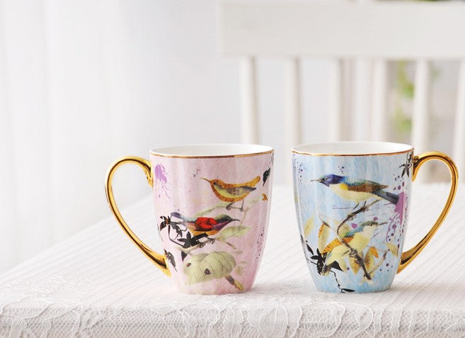 Elegant Ceramic Coffee Mug, Beautiful Bird Flower Ceramic Mug, Large Creative Porcelain Mug, Large Capacity Ceramic Mugs for Office-Paintingforhome