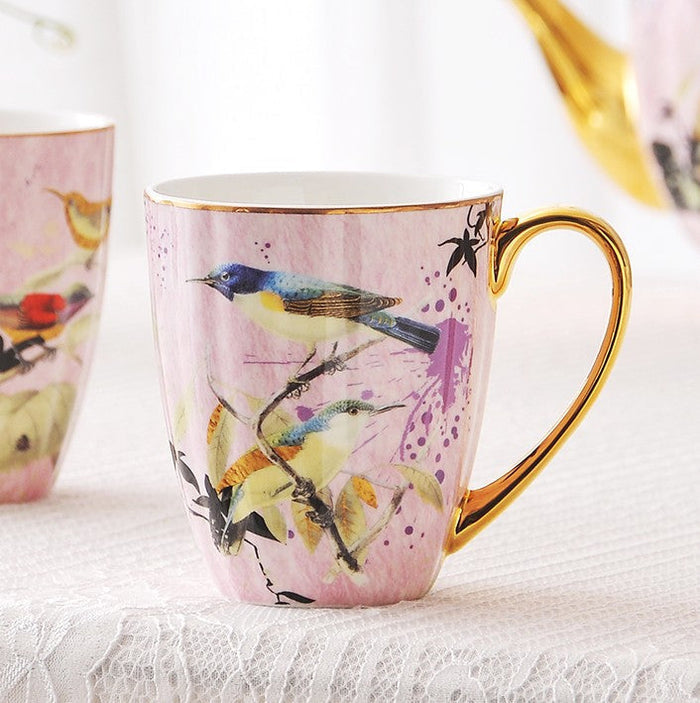 Elegant Ceramic Coffee Mug, Beautiful Bird Flower Ceramic Mug, Large Creative Porcelain Mug, Large Capacity Ceramic Mugs for Office-Paintingforhome