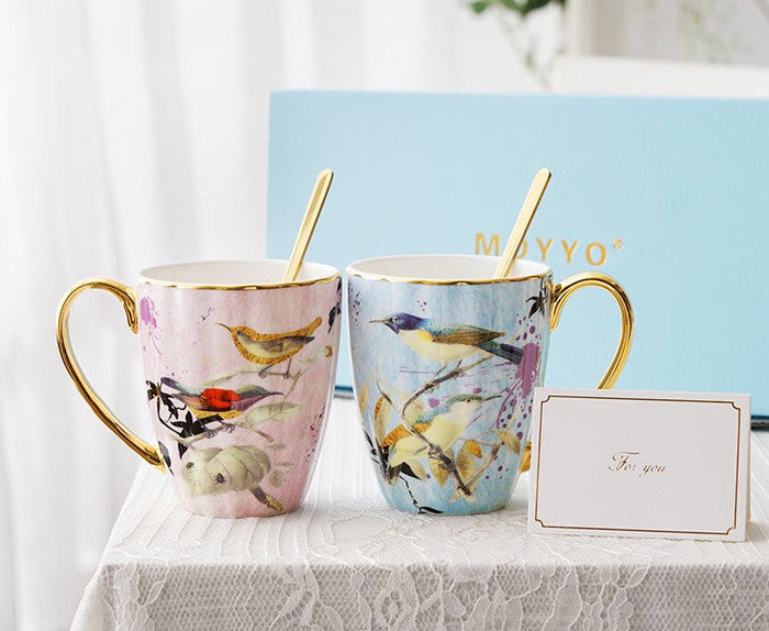 Elegant Ceramic Coffee Mug, Beautiful Bird Flower Ceramic Mug, Large Creative Porcelain Mug, Large Capacity Ceramic Mugs for Office-Paintingforhome