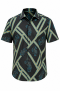 Short-sleeve shirt with geometric pattern on a white background