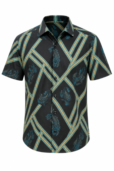 Short-sleeve shirt with geometric pattern on a white background