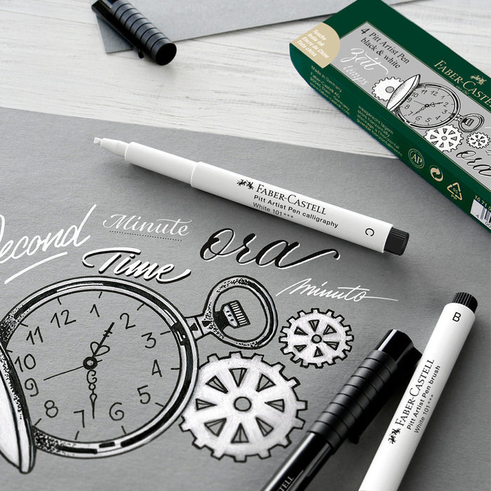 Faber-Castell Pitt Artist Pen Black & White Set of 4 by Faber-Castell at Cult Pens