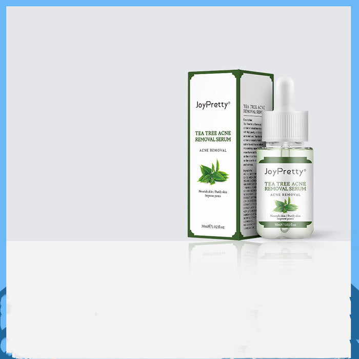Série de produits de soin à l'arbre à thé pour réduire les cicatrices d'acné et l'acné, présentés dans des flacons blancs.