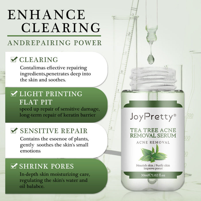 Soin visage acne fade et tea tree pour peau, flacon de produit de soins pour réduire les marques d'acné, image de packaging.