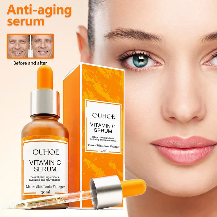 Soin anti-âge pour le visage avec lignes françaises, raffermissant et atténuant les rides, présenté dans un flacon blanc.